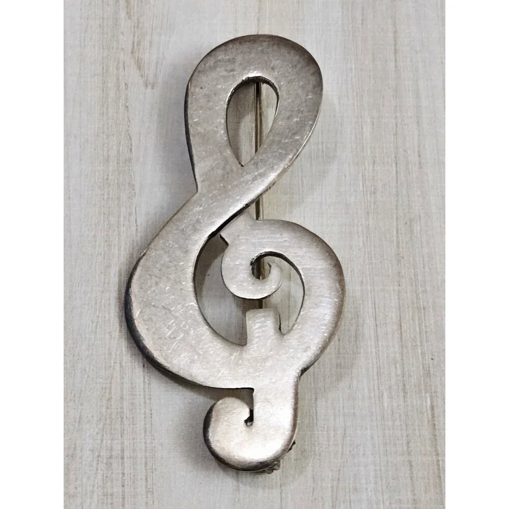 Vintage Taxco Mexico 925 Sterling Silver Treble Clef Music Note Brooch Pin